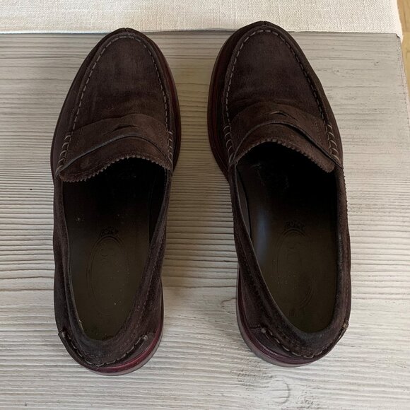 Tod\'s Suede Leather Moc Toe Penny Loafers - men\'s 6 brown casual dress shoes